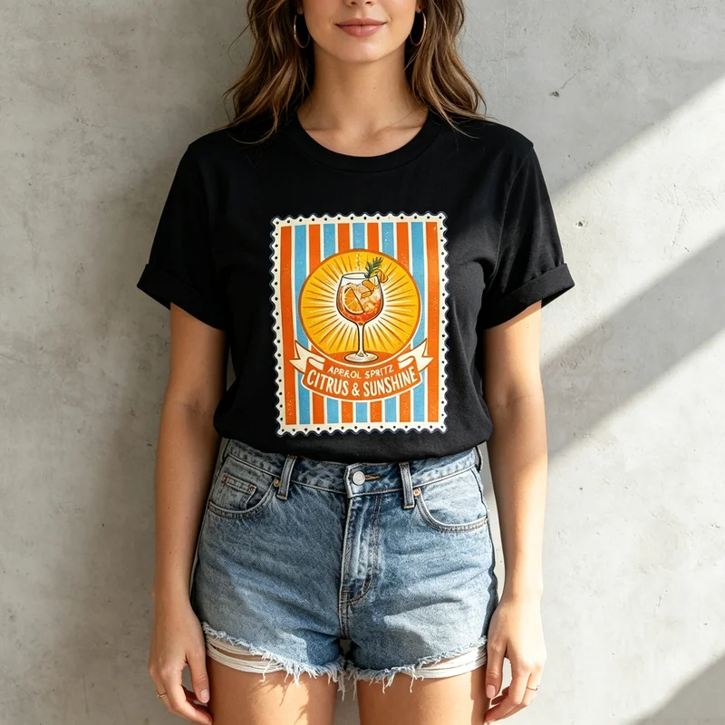 Vintage Aperol Spritz Cocktail Print T Shirt Women Men Citrus Sunshine Bar Lover Casual Short Sleeve Tops Cotton  Y2k Harajuku