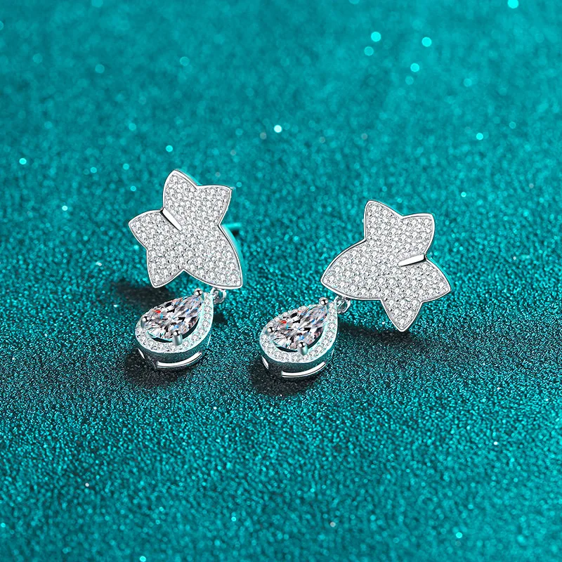 925 sterling silver earrings female maple leaf drop-shaped mullite earrings PT950 gold plating