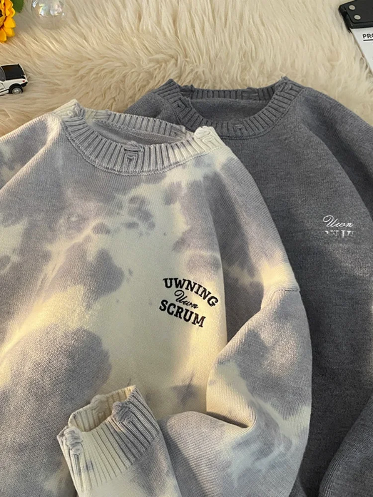 

Мужской свободный вязаный свитер с круглым вырезом, вышивкой и эффектом тай-дай, осенне-зимний, в американском ретро-стиле, для пар, верхняя одежда