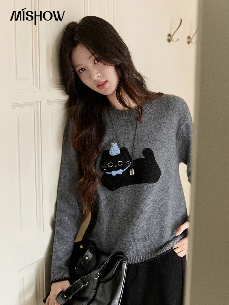 

MISHOW Women's Gray Cat Jacquard Crew Neck Sweater 2025 Winter Color Block Hem Tops Thick Soft Knitwear Office Lady MXE93Z2951