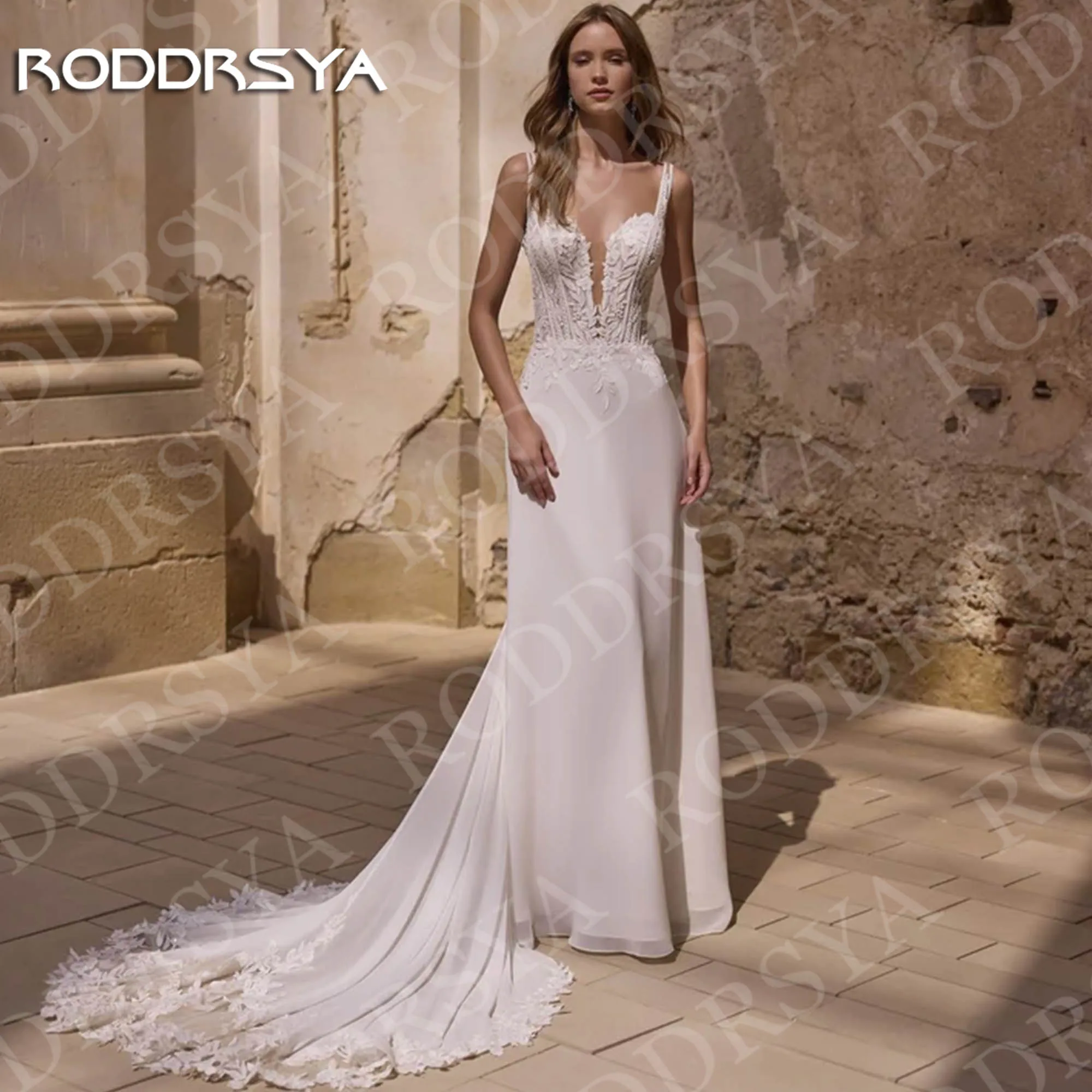 

RODDRSYA Elegant Lace Appliques Wedding Dresses Fashion Woman Sweetheart Spaghetti Straps A Line Bridal Dress Chiffon Customized
