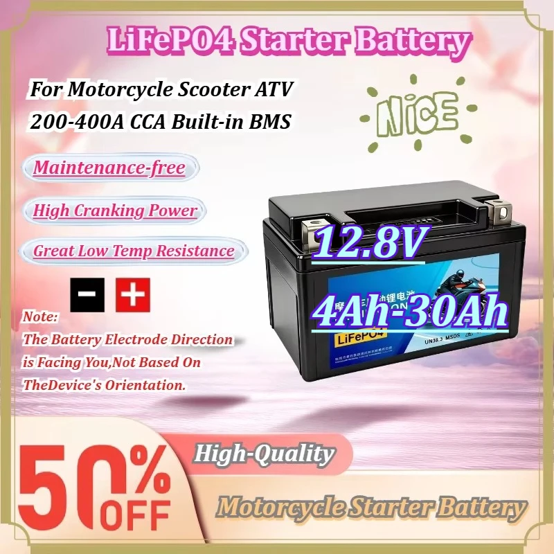 For Motorcycle Scooter ATV 12.8V LiFePO4 Starter Battery 200-400A CCA Built-in BMS 4Ah-30Ah Maintenance Free Replacement Battery