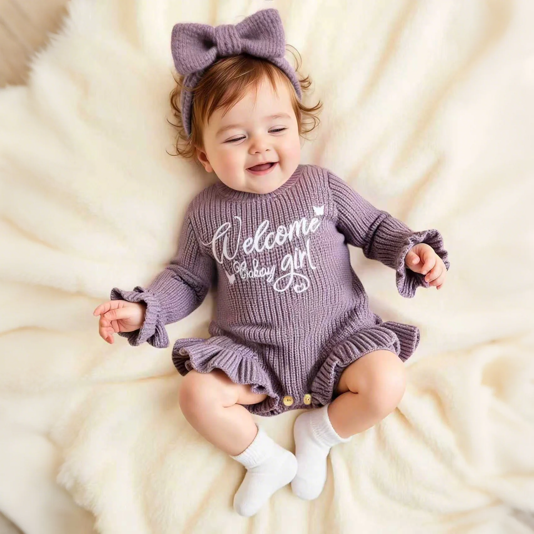 Ylsteed Butterfly Embroidery Knitting Newborn Ruffle Romper with Bow Headband Baby Girl Photography Outfits Knitted Sweater