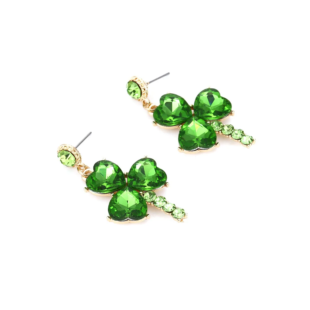 GREEN SHAMROCK HEART PAVE CRYSTAL CLOVER EARRINGS Emerald St Paddys Day Earrings for Women Irish May Jewelry Three Leaf Clover