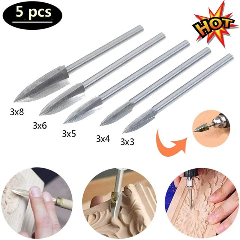 5Pcs Wood Carving Drill Bit HSS Engraving Drill Bit Set Solid Carbide Root Milling Grinder Burr Precise Woodworking Carve Tools