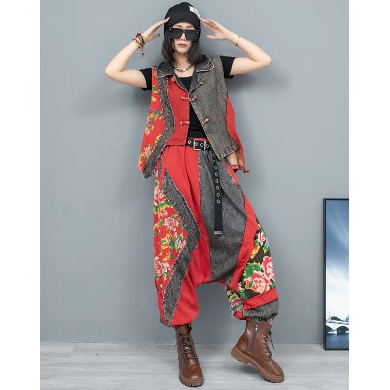 2024 Autumn New Large Flower Patchwork Denim Worn-out Buckle Vest + Large Crotch Pants Two-piece Set Women LX2445