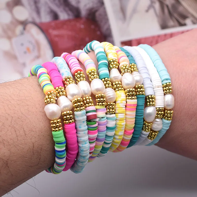 Boho Pearl Charm Bracelets Polymer Clay Disc 6mm Beaded Bracelet For Female Summer Beach Bracelets Women 2022 Fashion Jewelry