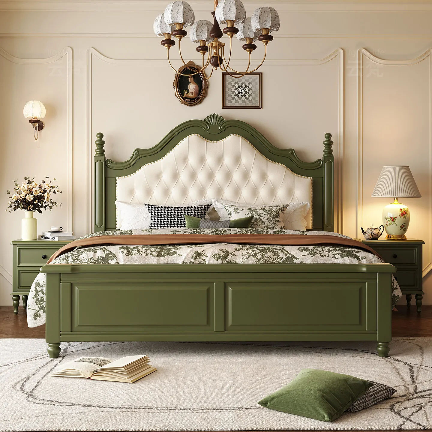 LH solid wood country pastoral olive green flannel soft against air pressure storage bed