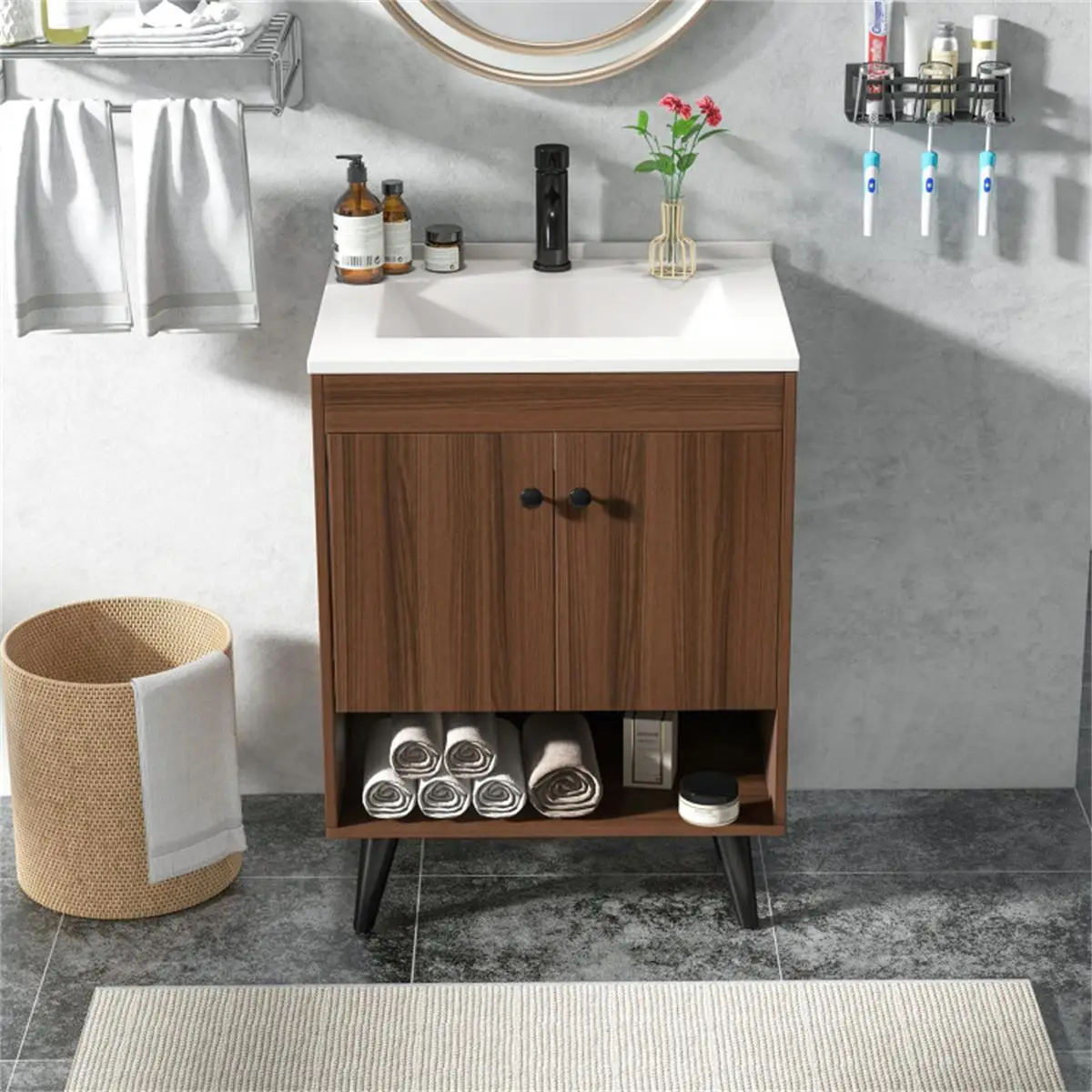 Stylish Wooden Bathroom Cabinet with Built-in Sink – Space-Saving Storage Solution