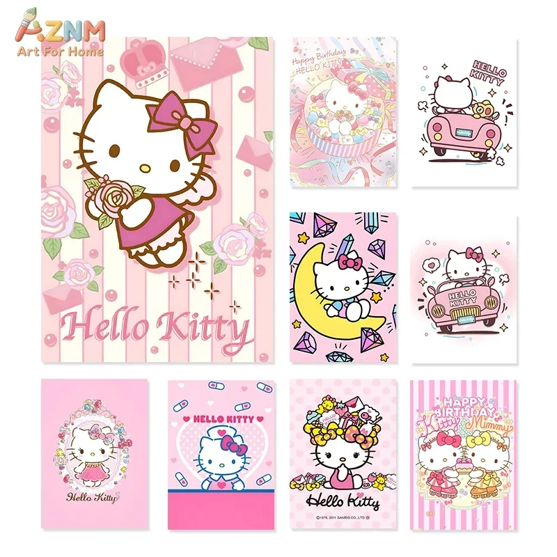 AZNM Hello Kitty Pink Rose Moon Car Canvas Print Frameless Wall Art Sanrio Cute Cartoon Poster Girls Bedroom Home Decor Painting