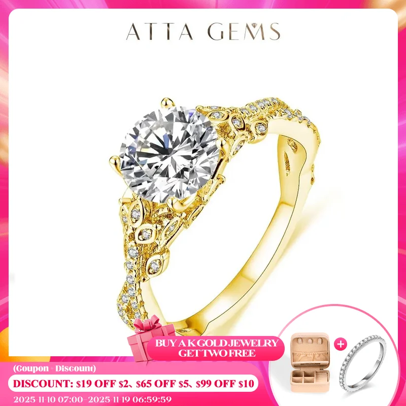 

ATTAGEMS 2.0CT Moissanite Rings Round Cut D Color VVS1 Pure 18K 14K 10K Gold Plated Engagement Wedding Diamonds Rings For Women
