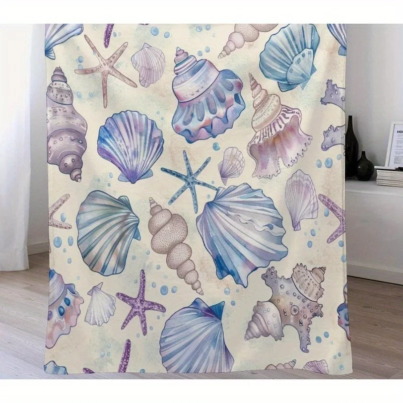 Valentine's Day Blanket Colorful Conch Starfish Throw Blanket, Soft Cozy Warm Coastal Seashell