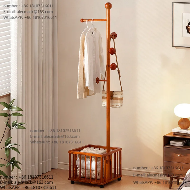 

Bedroom solid wood coat rack floor-to-ceiling mobile hanger storage basket integrated household vertical simple