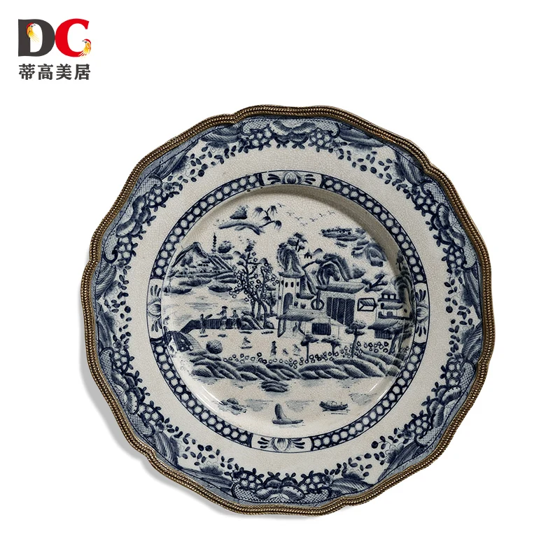 Yjq Ceramic Inlaid Copper Blue and White Porcelain Vintage Wall Decoration Living Room Decorative Hanging Plate Decoration