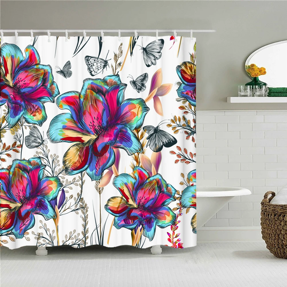 Colorful Beautiful Flowers Bath Curtain Waterproof Fabric Shower Curtains Floral Rose Printing Bathroom Screen Decor with Hooks