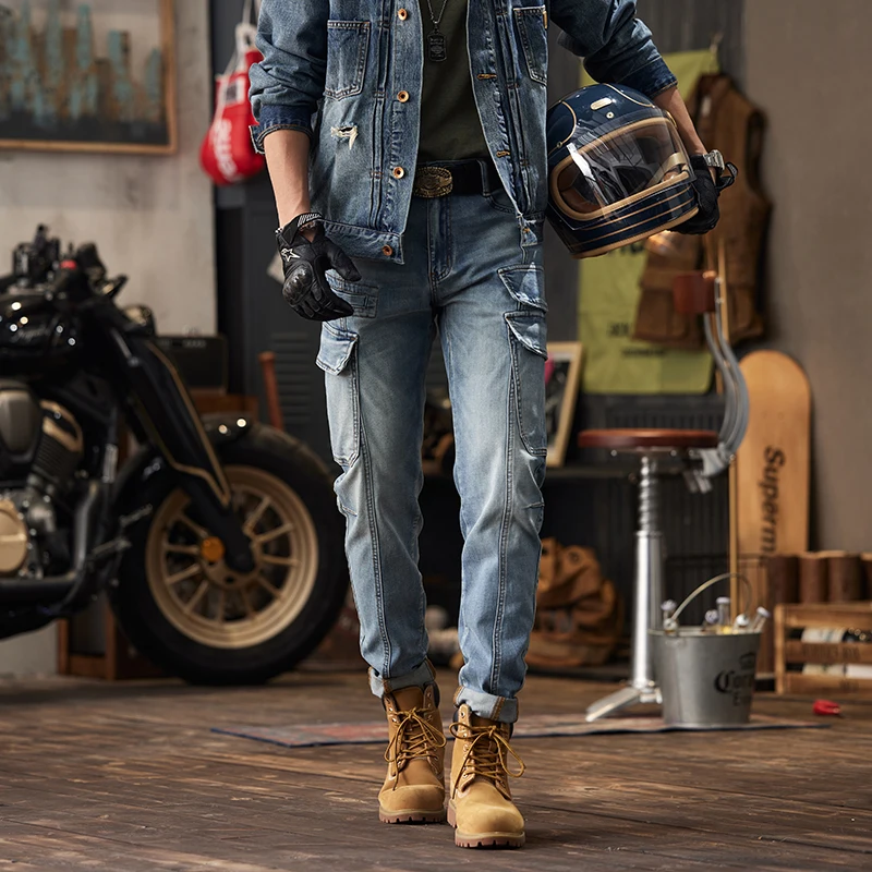 Retro Jeans Herenmode Nieuwe High-End Trendy Nauwsluitende Coole Grote Zakstiksels Skinny Motorbroek