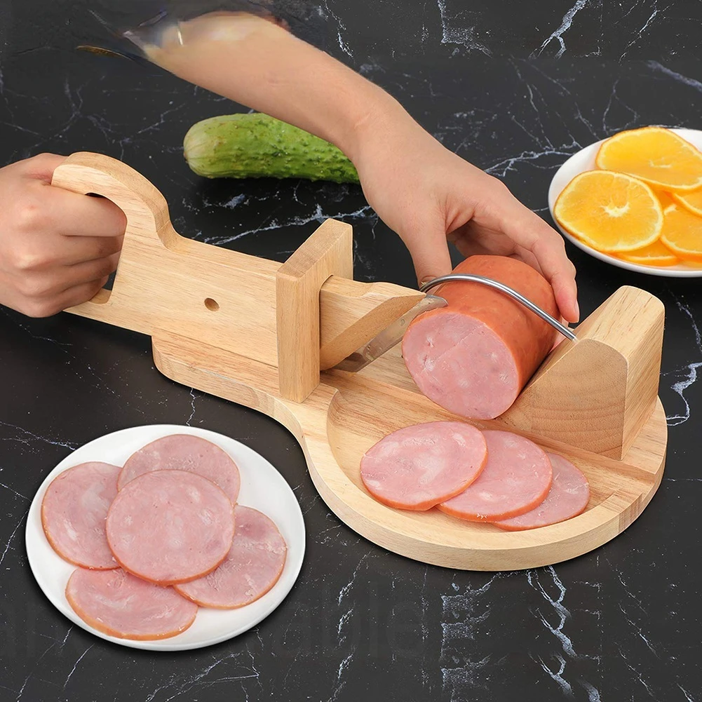 Wooden Sausage Guillotine Meat Slicer Cutter With Blade amp; Safety Lock Peg, Food Cutters Kitchen Gadget for Home