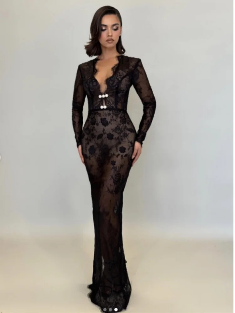 New Arrival Women Long Sleeve Sexy Lace V-Neck Bodycon Long Dress Fashion Celebrate Nightclub Party Evening Dress Vestido