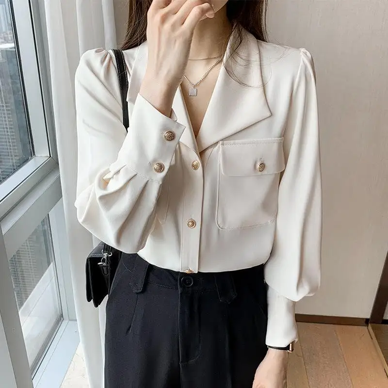 Commute Solid Color Chic Single-breasted Blouse Spring Autumn Fashion Pockets Long Sleeve Women\'s Clothing All-match Lapel Shirt