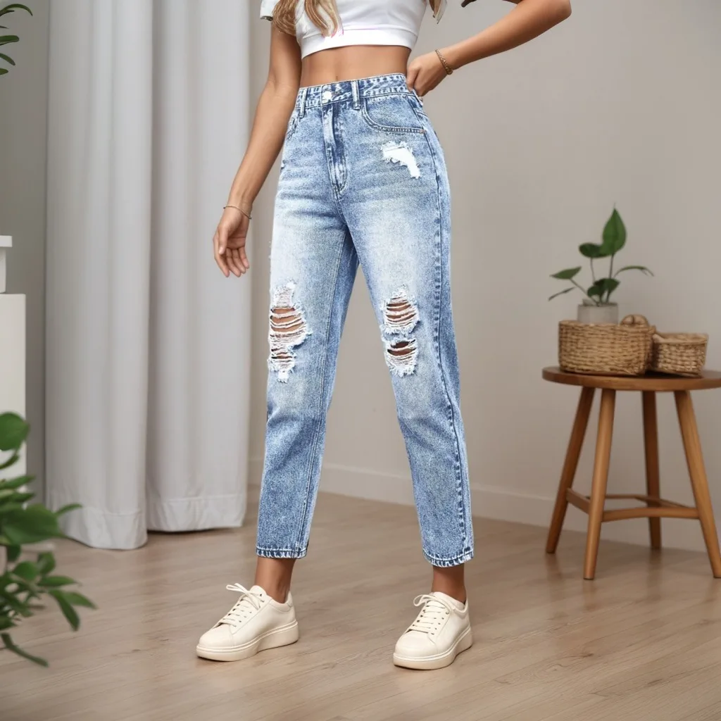 Women Ripped Tapered Slim Fit Jeans European American Style Casual Fashion Shaping Denim Long Pants
