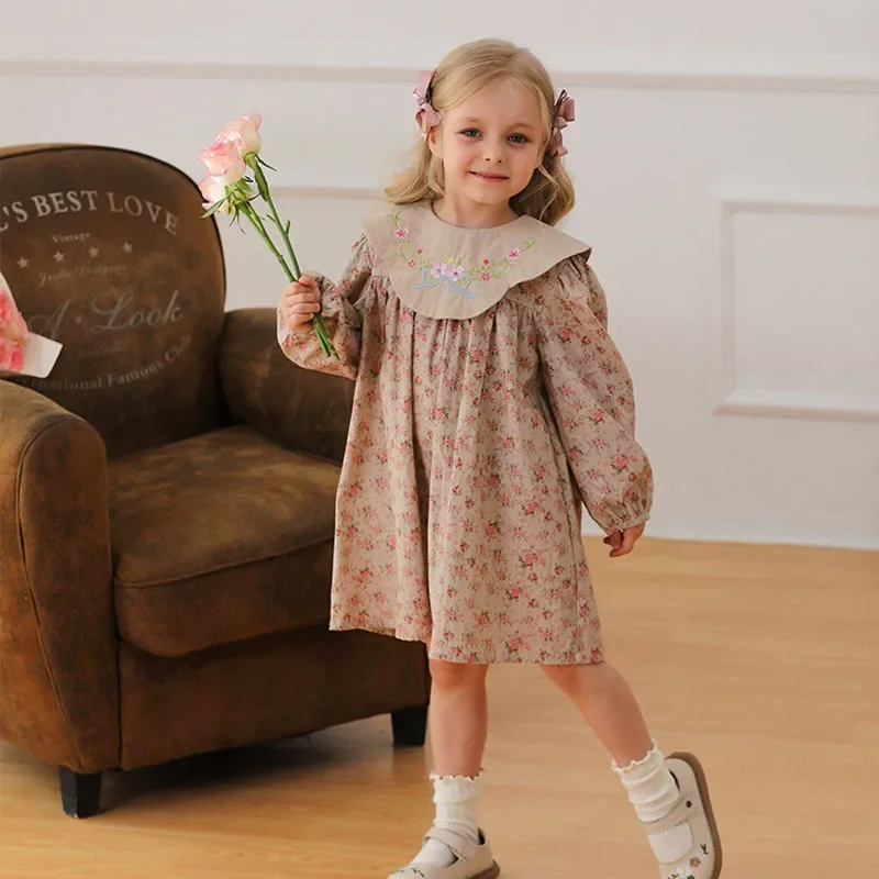 2025 New Spring Sister Clothes 2-7Yrs Girl Party Dress Long Sleeved Cotton Print Kids Princess Dresses Children Clothes