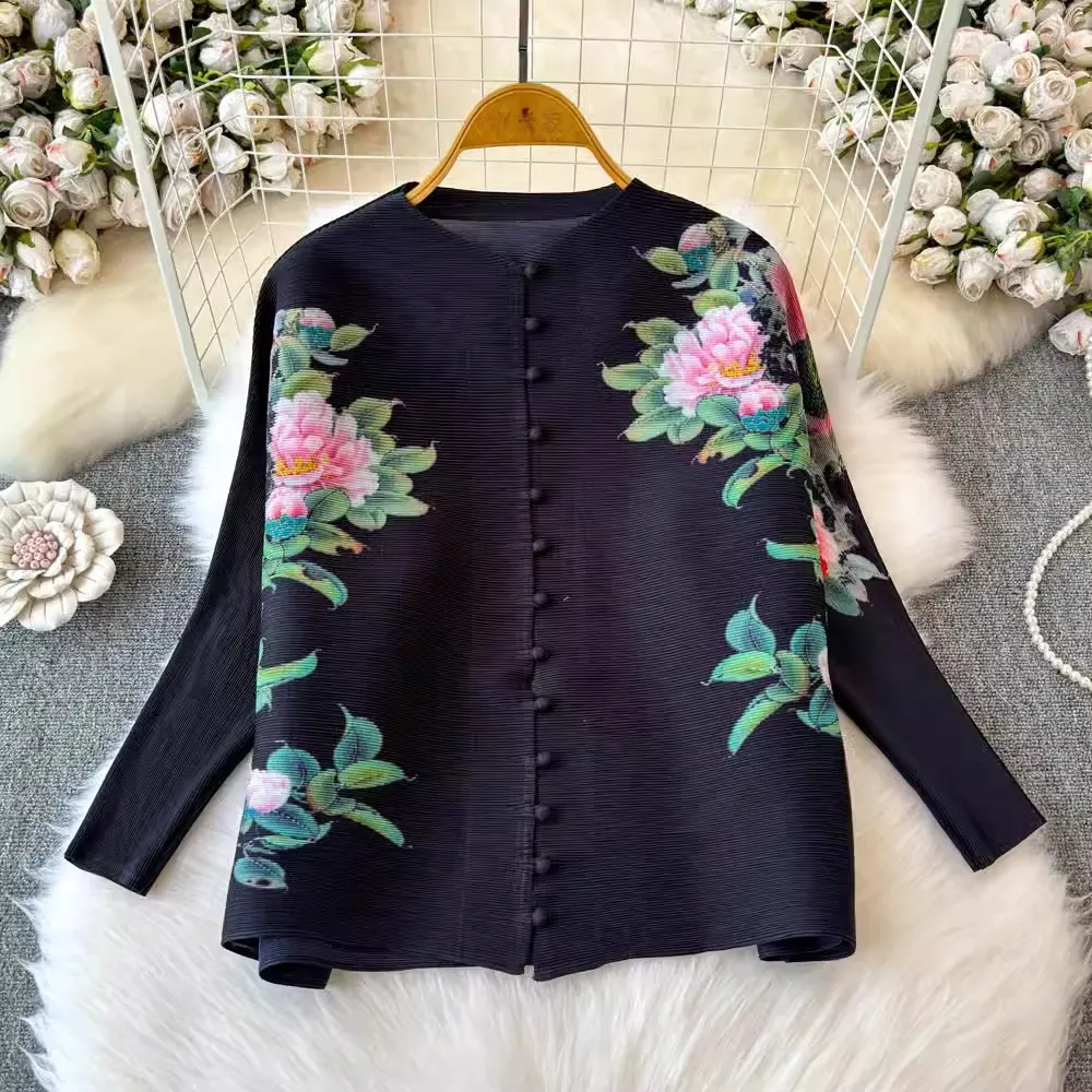 Miyake Pleated Floral Print Blouses Shirts Women 2024 Autumn O-Neck Three-quarter Sleeves Office Ladies Elegant Loose Tops