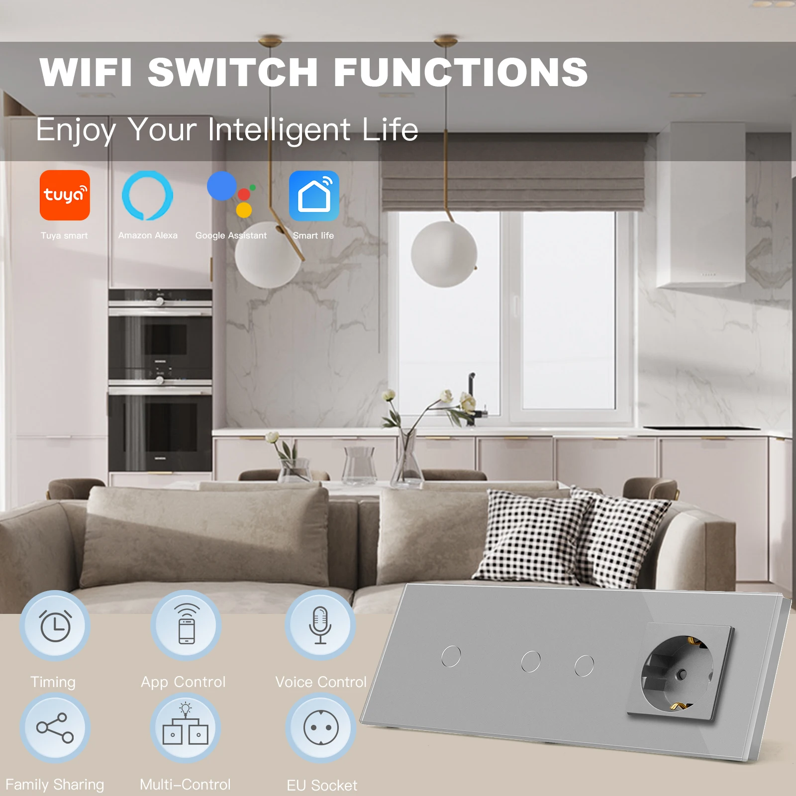 BSEED 1+2Gang Wifi Touch Sensor Switches Smart Wall Light Switch Glass Support Tuya Google Home Alexa Plus a Normal EU Socket