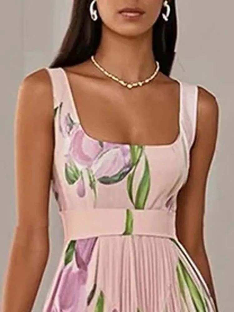 Abito estivo con pieghe con stampa floreale con colletto quadrato Abiti lunghi sexy con fionda a vita alta da donna Abiti boho vuoti con spalle scoperte