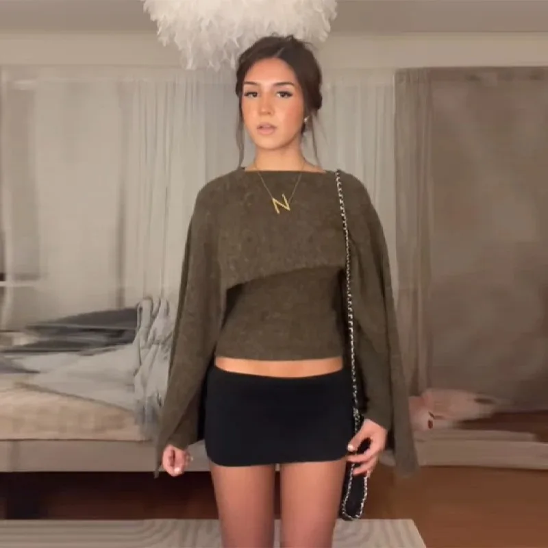 

Women's Elegant O Neck Cloak Knit Sweater Exquisite Design Slim Long sleeves Chic Top Autumn Winter New Female Party Street Wear