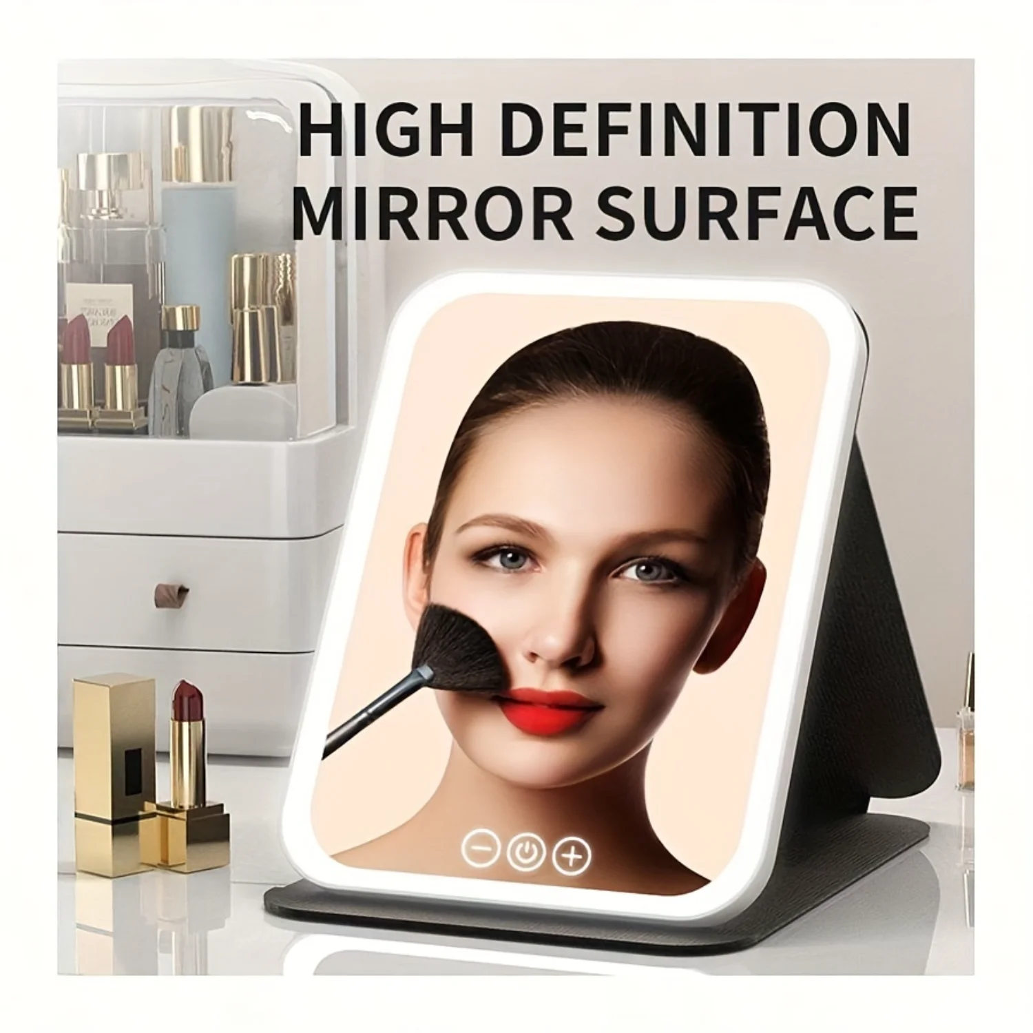 Makeup Mirror With Lights, Portable Lighted Beauty Mirror, 3 Color Lighting, Dimmable  Screen, Rechargeable Tabletop LED Folding