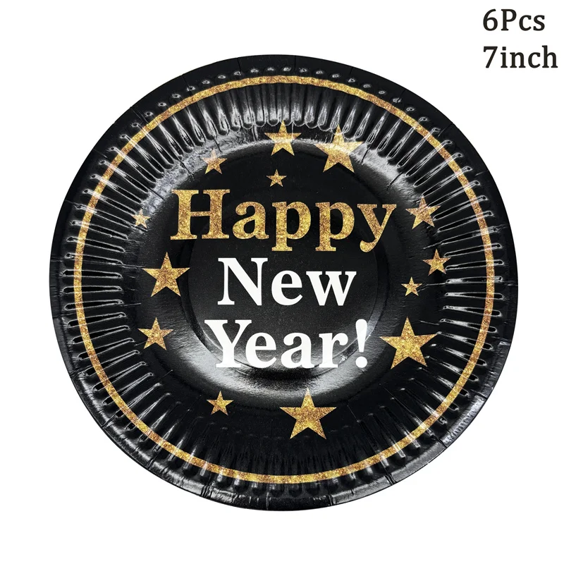 6Pcs Happy New Year Paper Plates Cups Disposable Tableware 2025 New Year Party Celebration Home Merry Christmas Decor Supplies