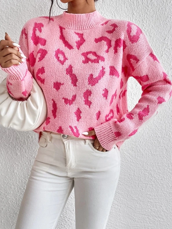 

Oversized Women's Blouse Autumn Knitted Loose Round Neck Printed Contrast Color Long Sleeve Pullover Women's Casual Sweater