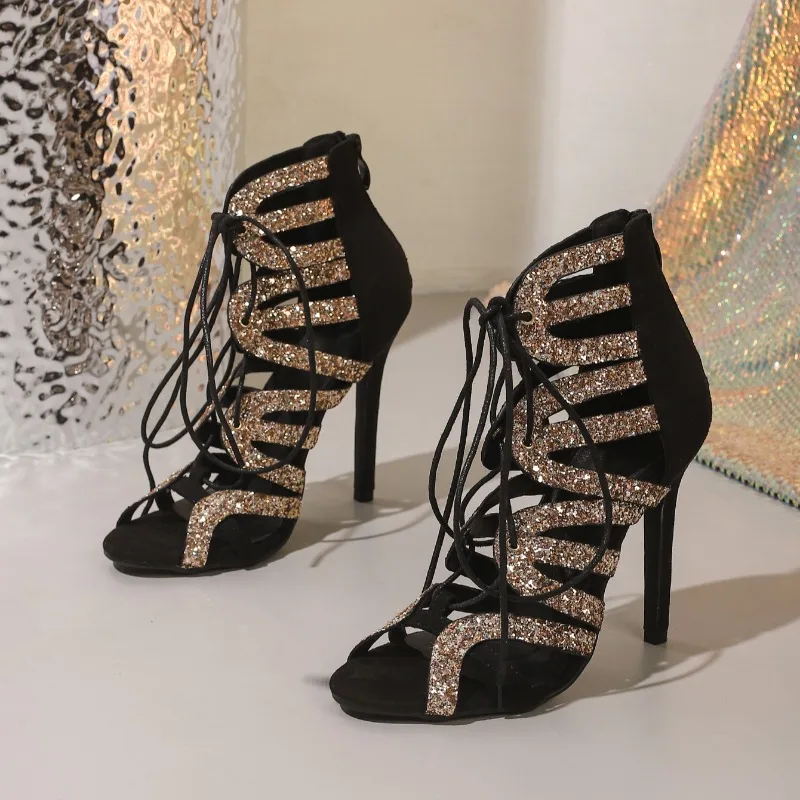 Women Pumps High Heels Round Toe Lace Up Hollow 11cm Stiletto Elegant Sandals Shoes For Woman Plus Size 42
