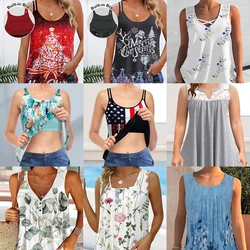 Plus size Women's Summer Casual Camisole Sexy Vacation Print Comfortable Cool Thin Beach Sleeveless Vest V-neck Tops