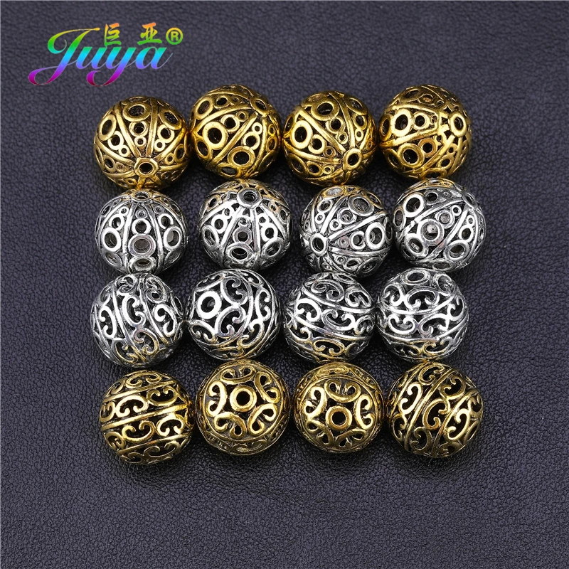 Juya 20pcs/Lot Handmade Antique Gold Silver Plated 10 12mm Hollow Decoration Metal Beads For DIY Beadwork Jewelry Making