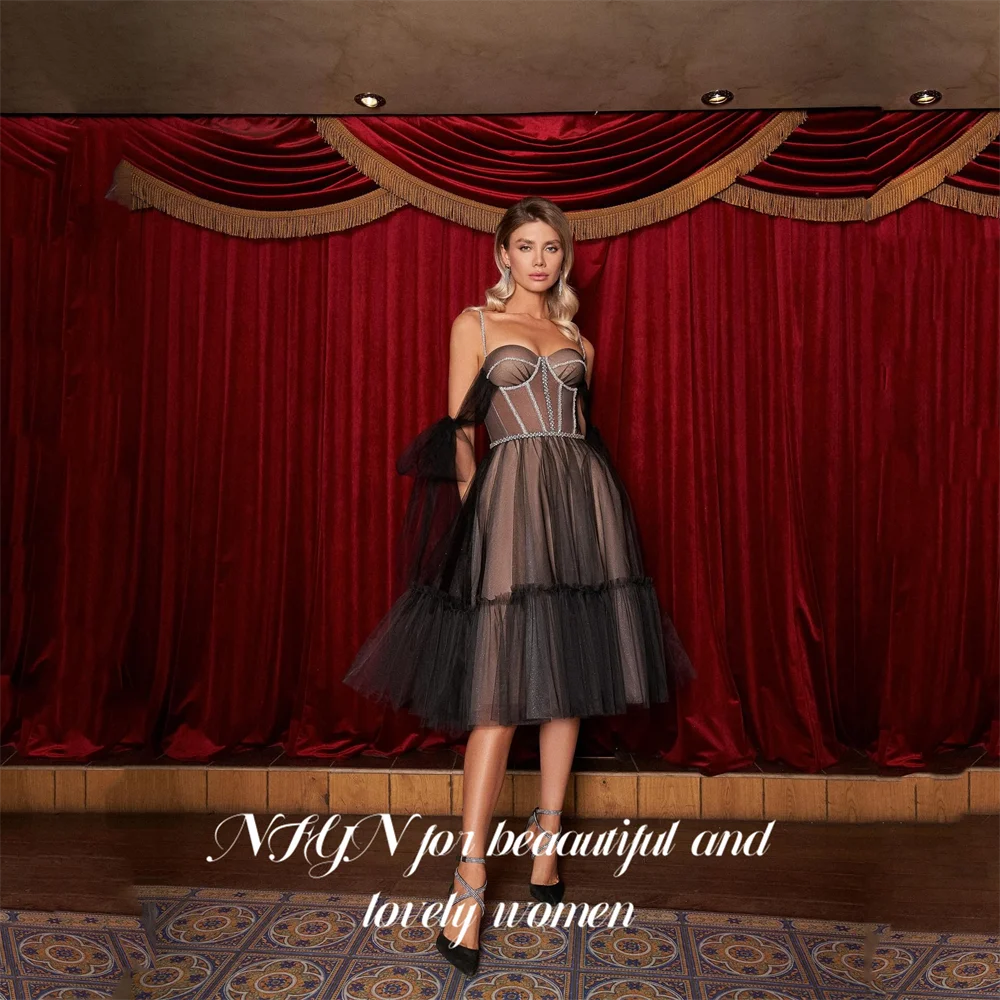 NFYN Schwarzes Abendkleid, Tüll-Cocktailkleid, schulterfreies Abendkleid, Kristallkorsett, Abendkleider, A-Linie, Robe de Bal, individuell gestaltet
