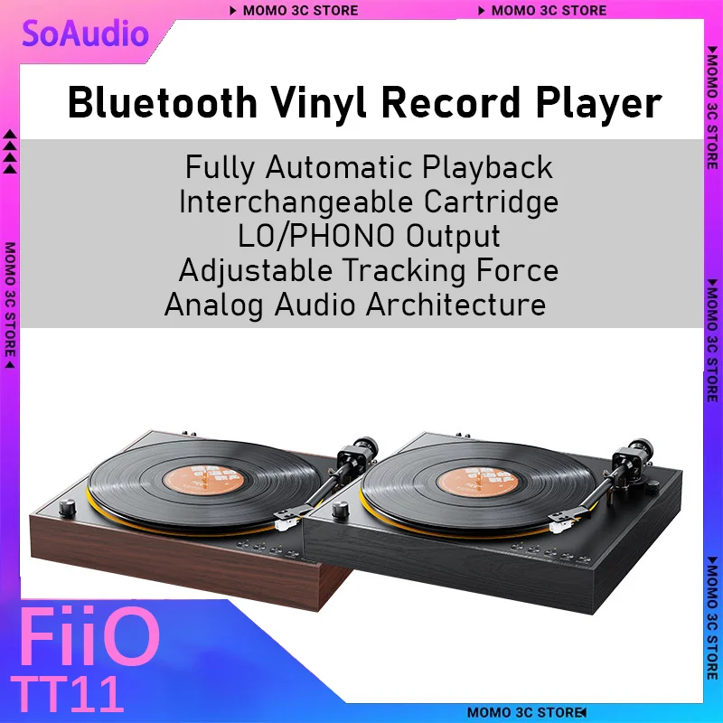 

Виниловый проигрыватель FiiO TT11 с Bluetooth, ретро-дизайн, деревянный корпус, автоматический, компактный, с защитным чехлом для домашнего аудио.