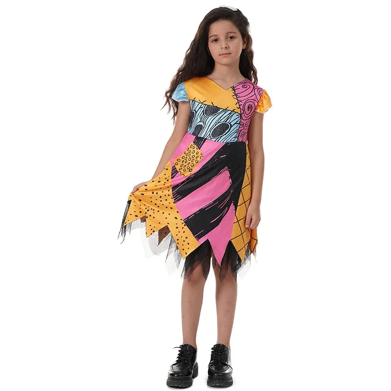 Children Halloween Party Costume Boys Skeleton Stripe Outfit Girls Colorful Patchwork Dress Holiday Fancy Role Play Clothes Set view 2