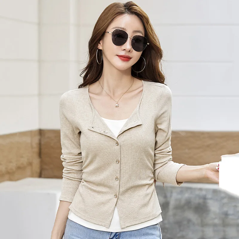 

New Women Casual Patchwork T-shirt Spring Autumn Fashion O-Neck Long Sleeve Slim Waist Contrast Color Tees Basic Daily T-shirt