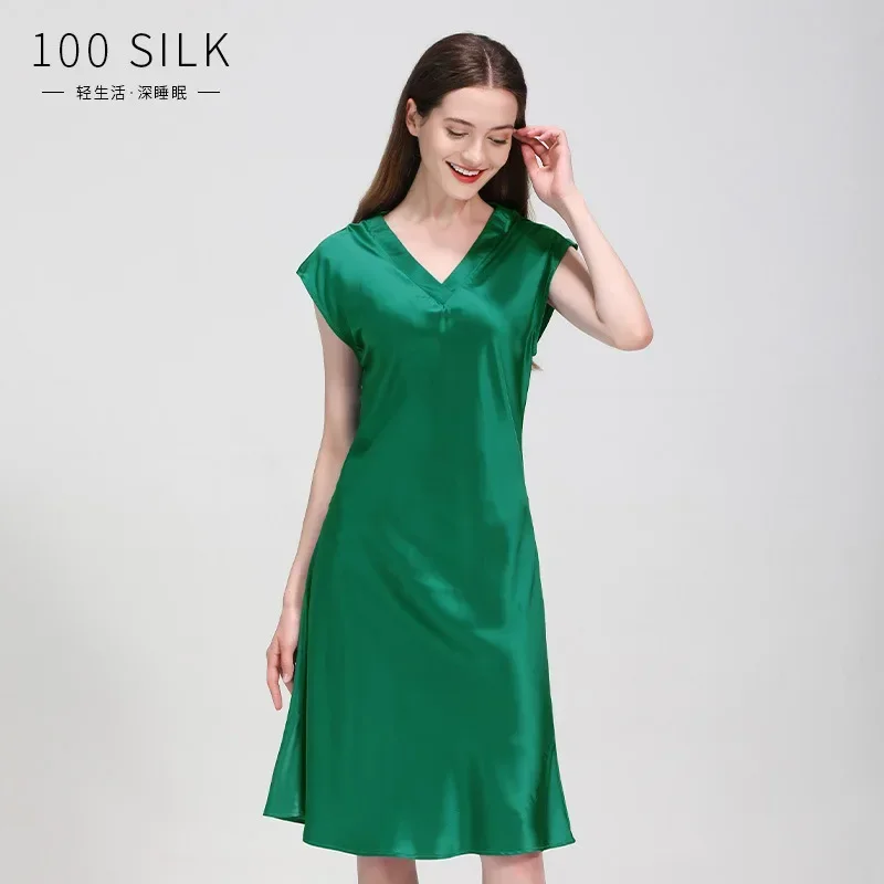 

22MM 100% Mulberry Silk Short Sleeve Woman Chemise Dress Red Nightgown Night Dress Valentine Nightdress V-neck Sleepshirt Pajama