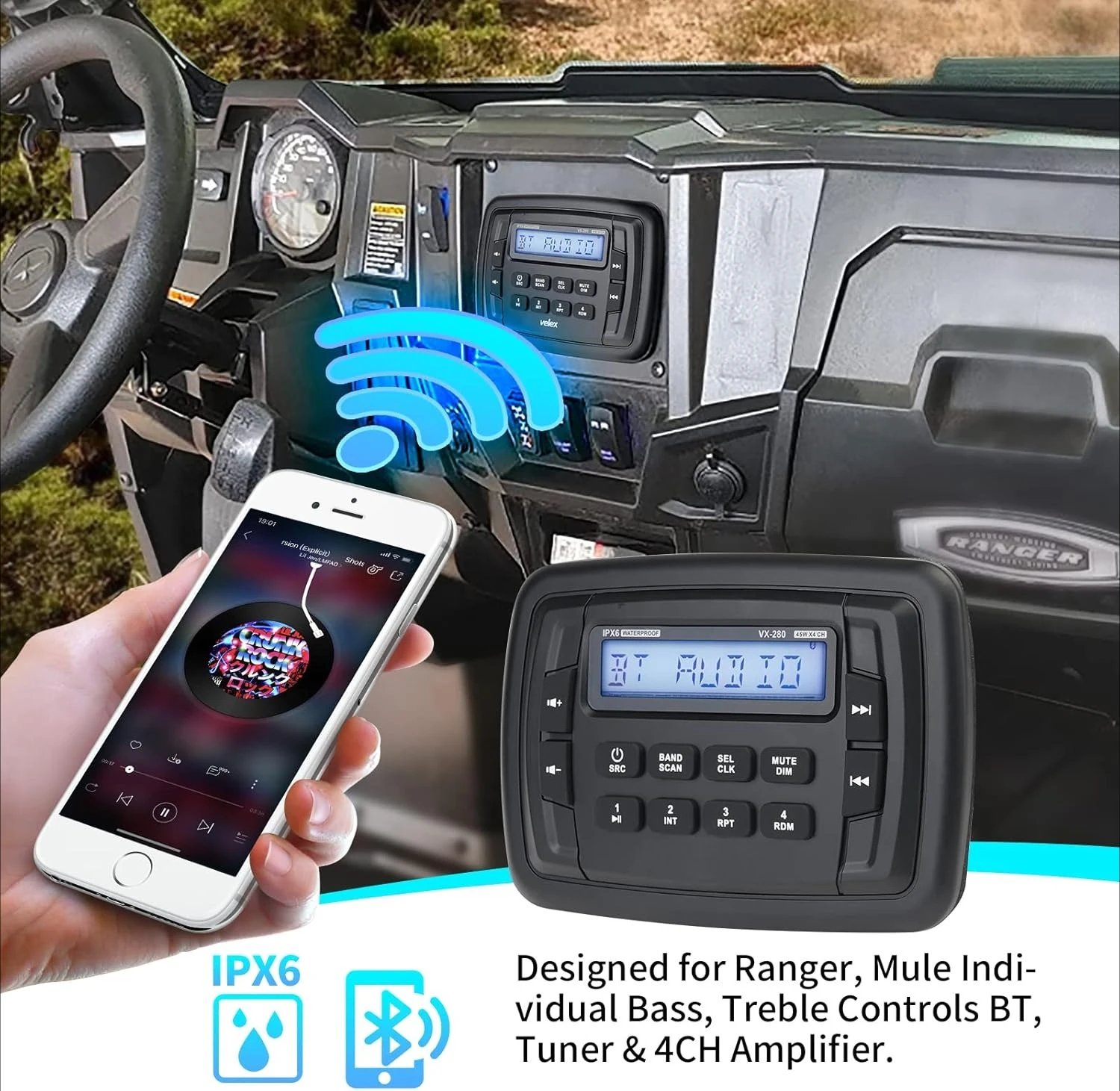

Powersport Marine Stereo Radio AM FM Tuner Stereo 4 x 45W Bluetooth Streaming UTV ATV