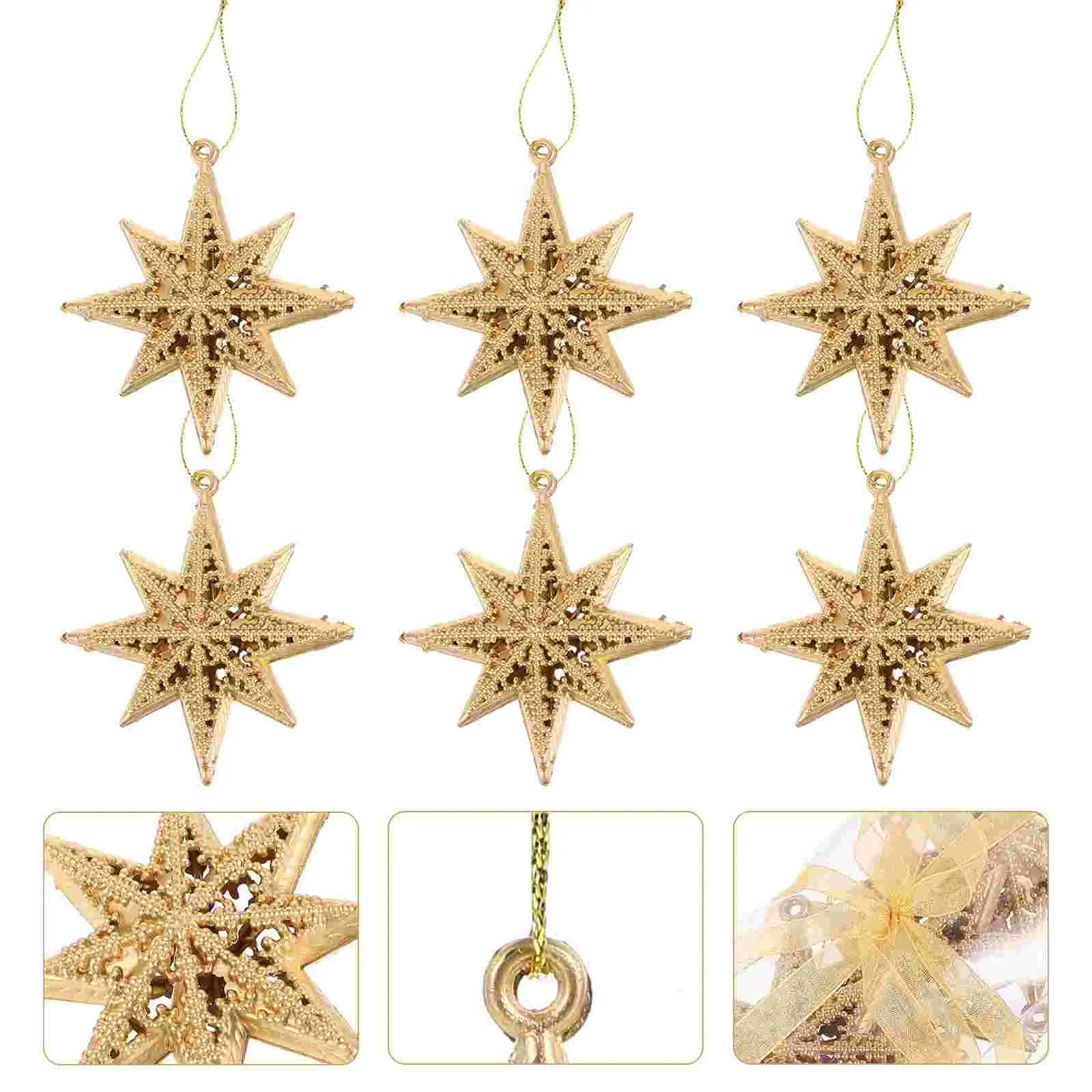 6 Pcs Golden Star Pendant Christmas Stickers for Gifts Mini Stereo Xmas Plastic Decor Eight-pointed Decorations