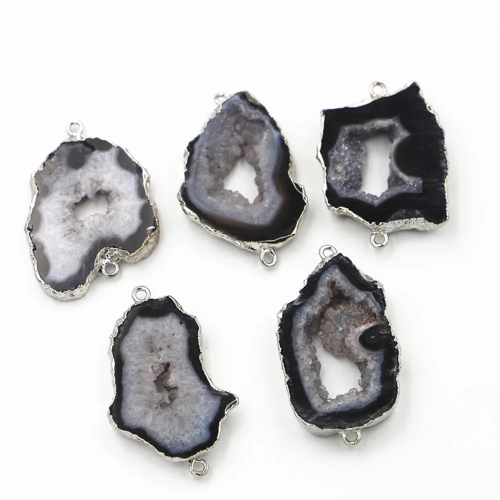 New Hot 5PCS Natural Stone Black Agates Slice Connectors Irregular Raw Onyx Druzy Pendants for DIY Jewelry Making  Wholesale