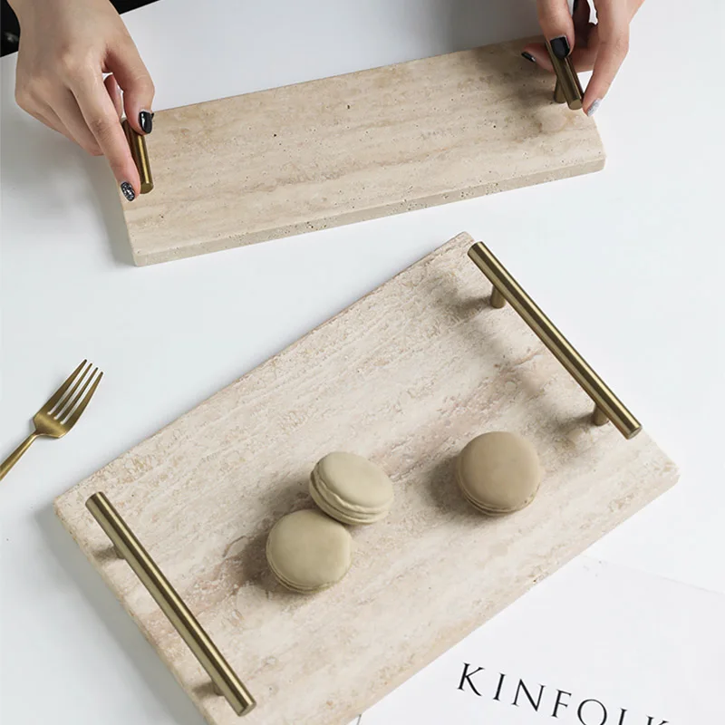 

Vintage Beige Travertine Stone Tray with Golden Handle Luxury Marble Bathroom Vanity Serving Tray