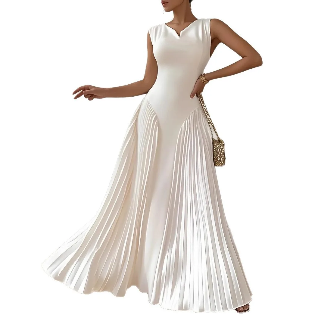 Elegant Party Dress Long Deep V Neck Wedding Guest Dresses Fitted Waist Pleated Skirt Evening Gown A Line Silhouette Maxi Dress