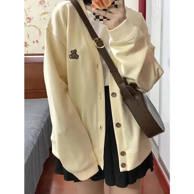 Cream Yellow Slimming Sweet Refreshing Cardigan Sweater Jacket Female Spring  Autumn Outerwear Autumn Gentle Tie Loose Top Trend