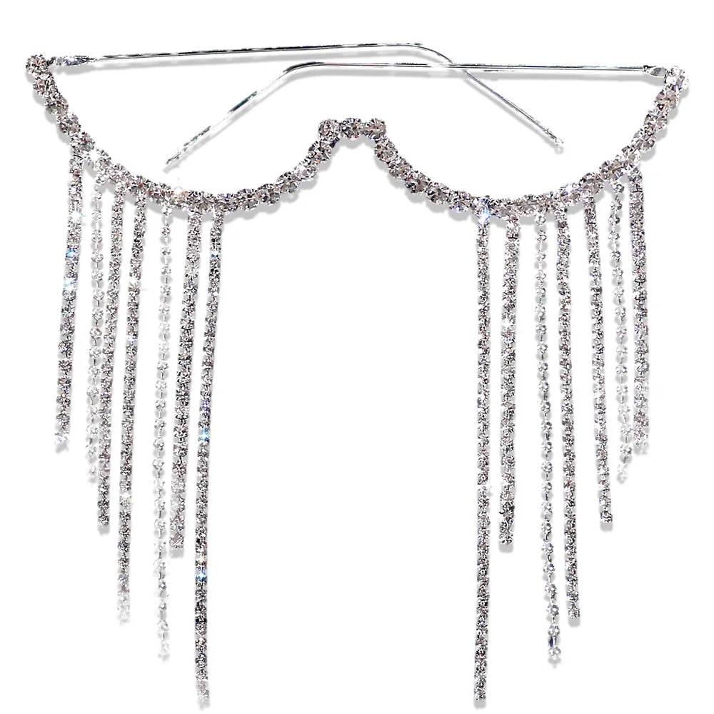 إطار نظارات طويل بشرابة من WEMDU عالي الجودة للنساء 2025 موضة بدون عدسة من حجر الراين نظارات مزخرفة بنصف إطار معدني