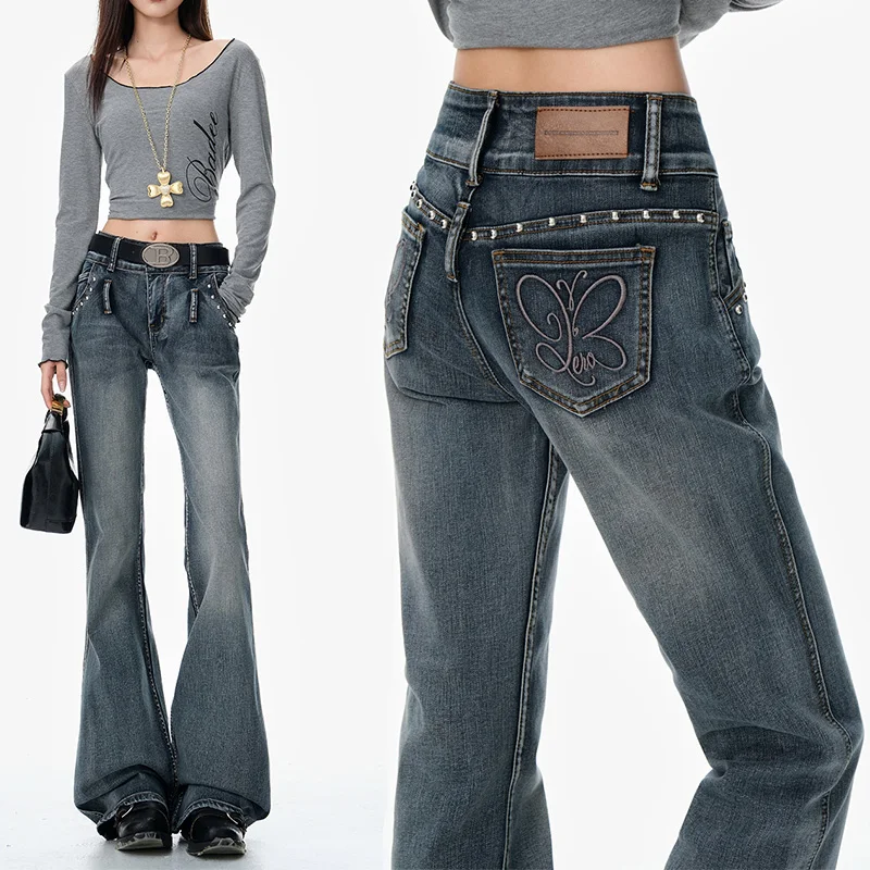 

Women's Blue Casual Embroidered Denim Y2K American High Street Harajuku Fashion Aesthetic Retro Jeans Long Pants Clothing 2026