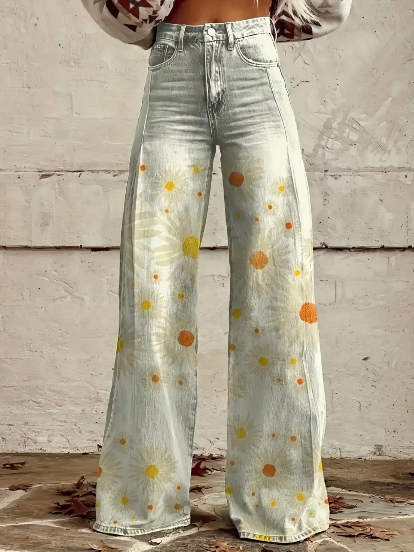 2026 Women's imitation jeans with printed high waisted flared pants, Ladies' non stretch wide leg jeans - bold graffiti print