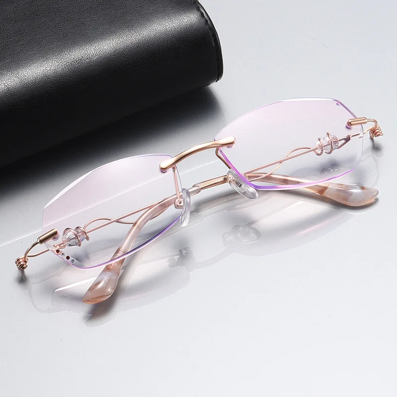 Diamond Cutting Reading Eyeglasses Alloy Rimless Women Pink Gradient Reading Glasses Woman Rhinestone Metal Anti Blue +3.0 +4.0